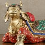 Brass Nandi Statue with Stonework | 15" x 6.5" x 8.5" | 9 kg | Stone Inlay Art | Traditional Hindu Temple Bull Sculpture | Sacred Decor | Jaipurio